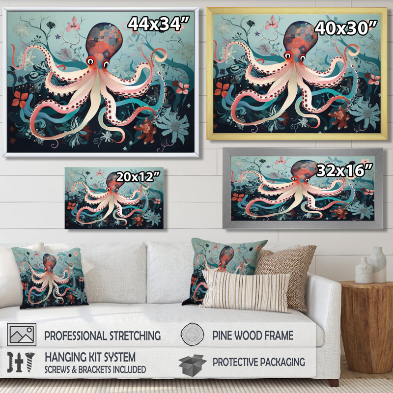 Pieuvre profonde mer rétro - pieuvre / calmar, H 34 po x l 44 po, Toile flottante noire encadrée