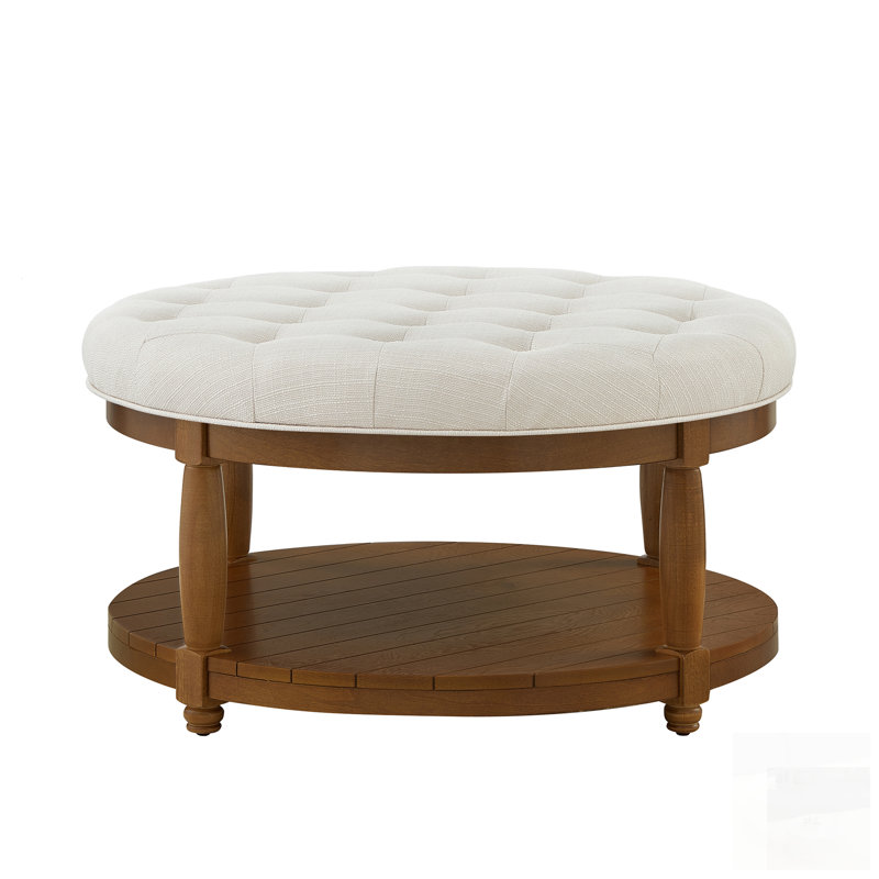 Large Round Tufted Linen Ottoman Coffee Table With Wood Shelf Storage, Ideal For Indoor And Outdoor Use, Brown, Ivory