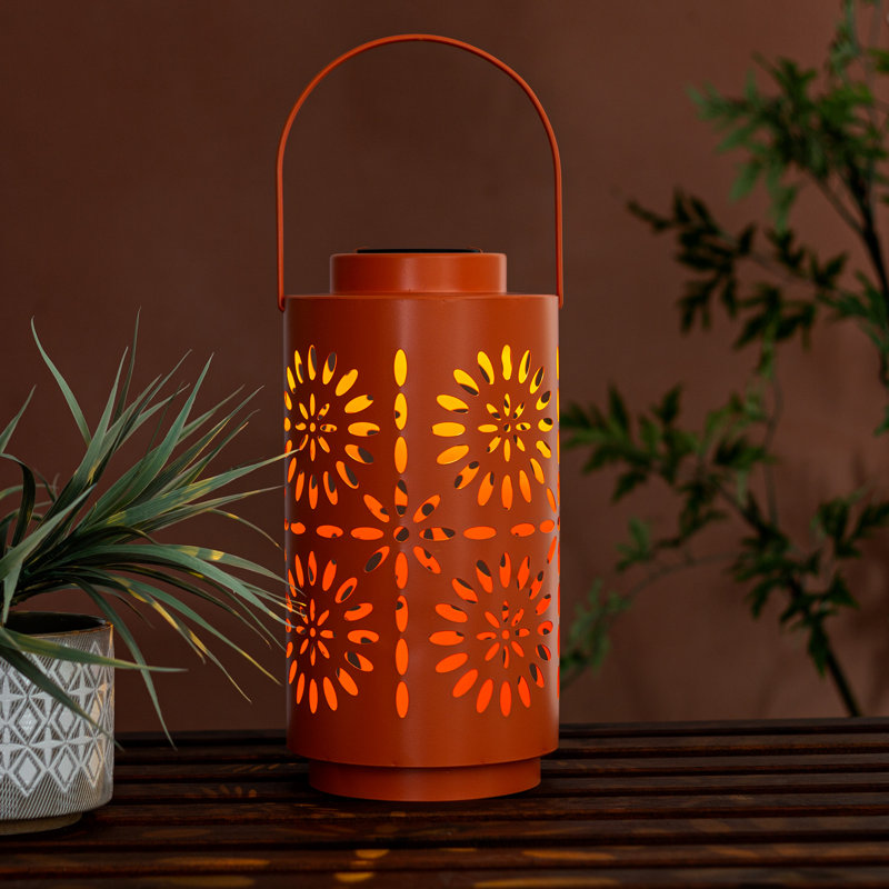 12"H Orange Flower Solar Lantern, Orange Flower