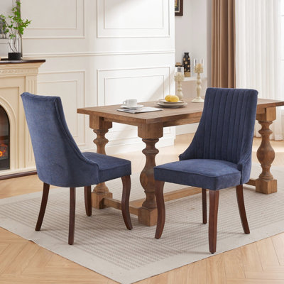 Chaises de salle à manger revêtues de lin en bleu, de style traditionnel américain, en tissu de rayonne, avec pieds incurvés en bois d'hévéa, haut pour un confort accru, coussin triple élastique avec ressorts en acier et rebond