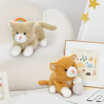 2 Pcs Realistic Cat Stuffed Animal Set, 17 Inch Large Stuffed Teddy Cat Plush Toy With Long-Hair, Cute Plush Kitten Birthday Gift For Girl Boy (Orange & Golden)
