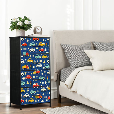 4 Drawer Dresser for Bedroom, Narrow Chest of Drawers, Wooden Top and Study Iron Frame 18"x37.5"-(WxH) - With Colorful Cartoon Vehicles Traffic Blue Print