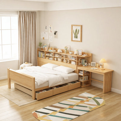 Lit de jour double en bois avec tablettes de rangement, lit multifonctionnel avec deux tiroirs de rangement et bureau d'étude, naturel (ancien SKU: N733S241486M)