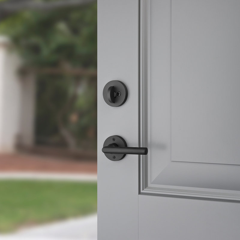 La Jolla Handleset with Single Cylinder Deadbolt and Contemporary Door Lever and Round Rosette, Yes