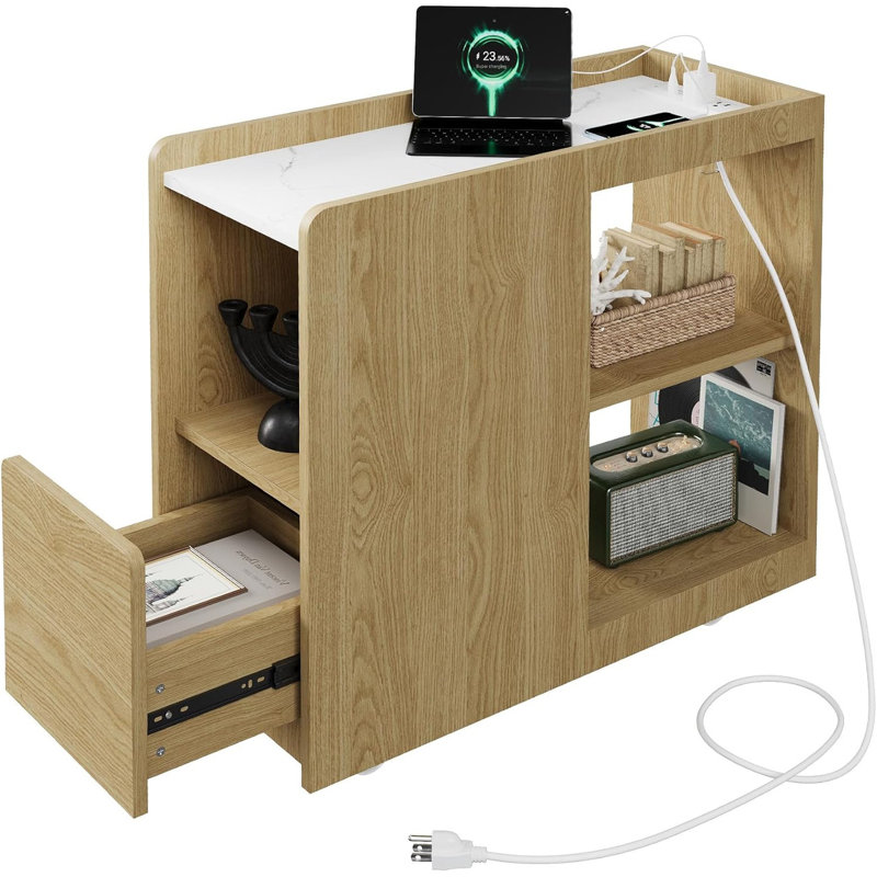 Buffet mobile avec station de charge - armoire de table de chevet en chêne blanc, tiroir et tablette à 3 niveaux, USB / Type-C, roues verrouillables pour la salle à manger, la chambre à coucher