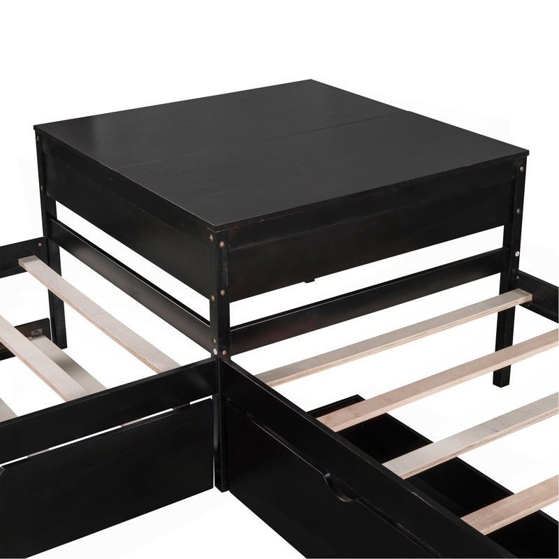 Lit plateforme en L avec lit gigogne, tiroirs et bureau intégré pour la chambre à coucher, Espresso