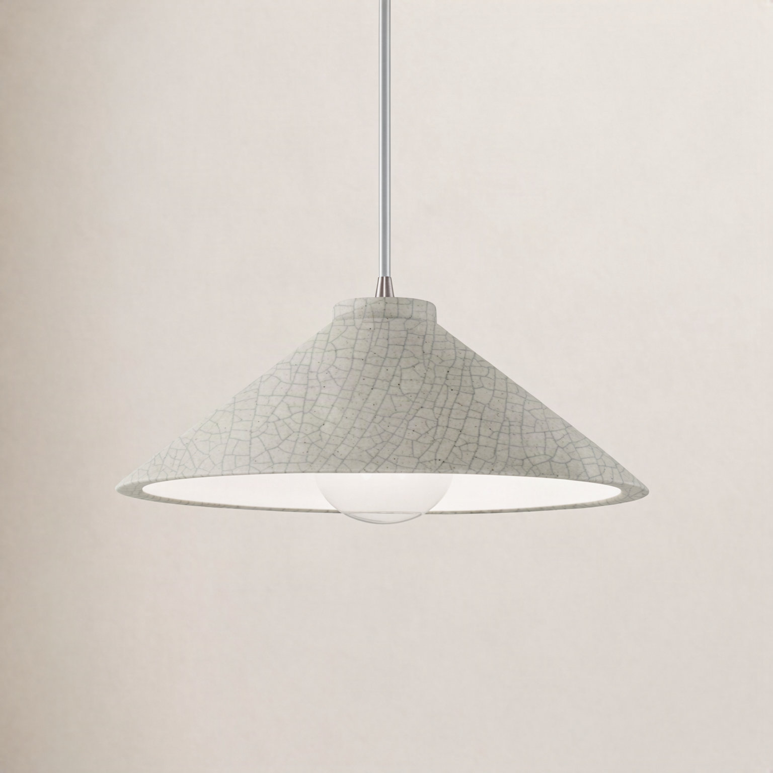 Leni Dimmable Cone Single Light Pendant, White Crackle, Brushed Nickel