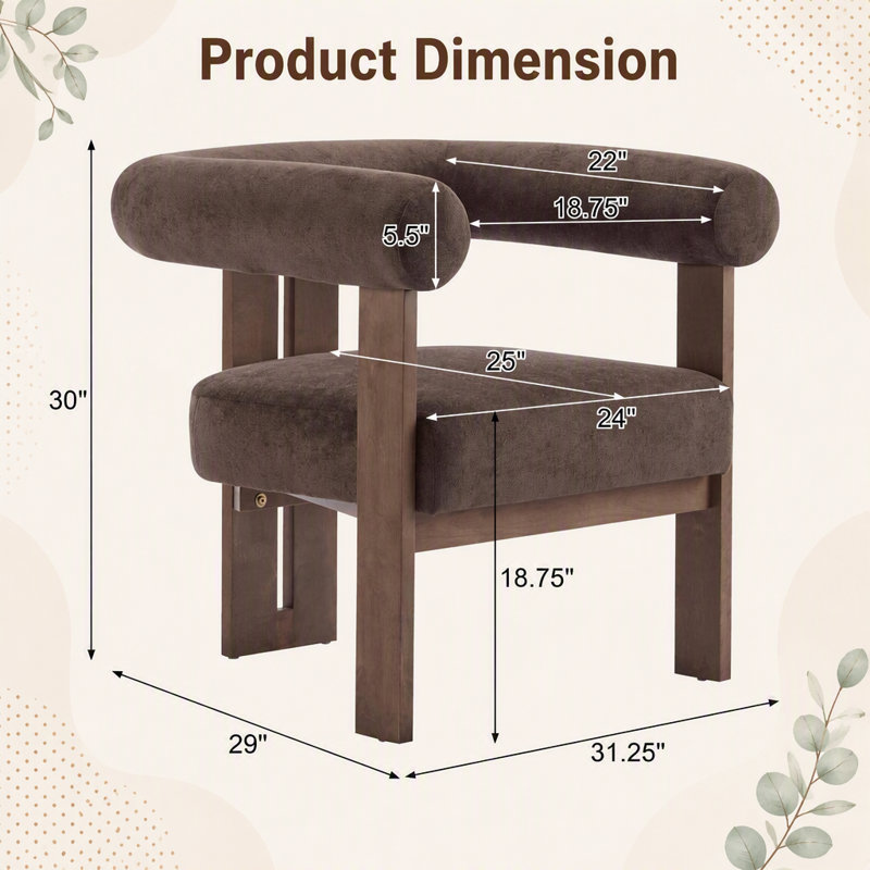 Chaise d'appoint moderne rembourrée avec accoudoirs ronds, Velours brun foncé