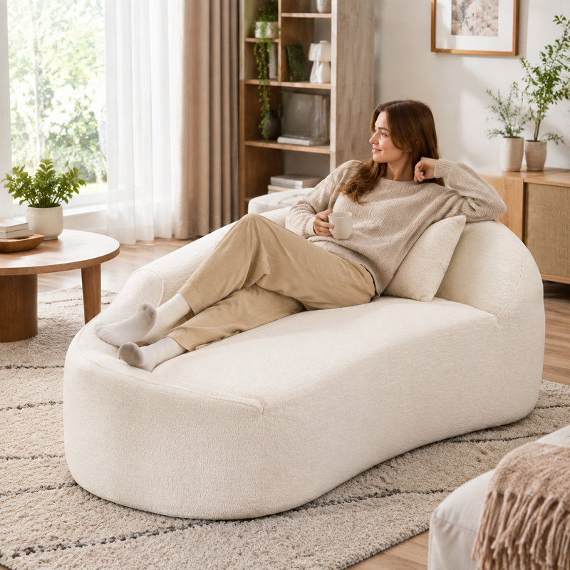 Chaise longue incurvée, canapé-lit en chenille blanc laiteux avec assise profonde, canapé-lit 3 en 1, oreiller inclus, aucun assemblage requis