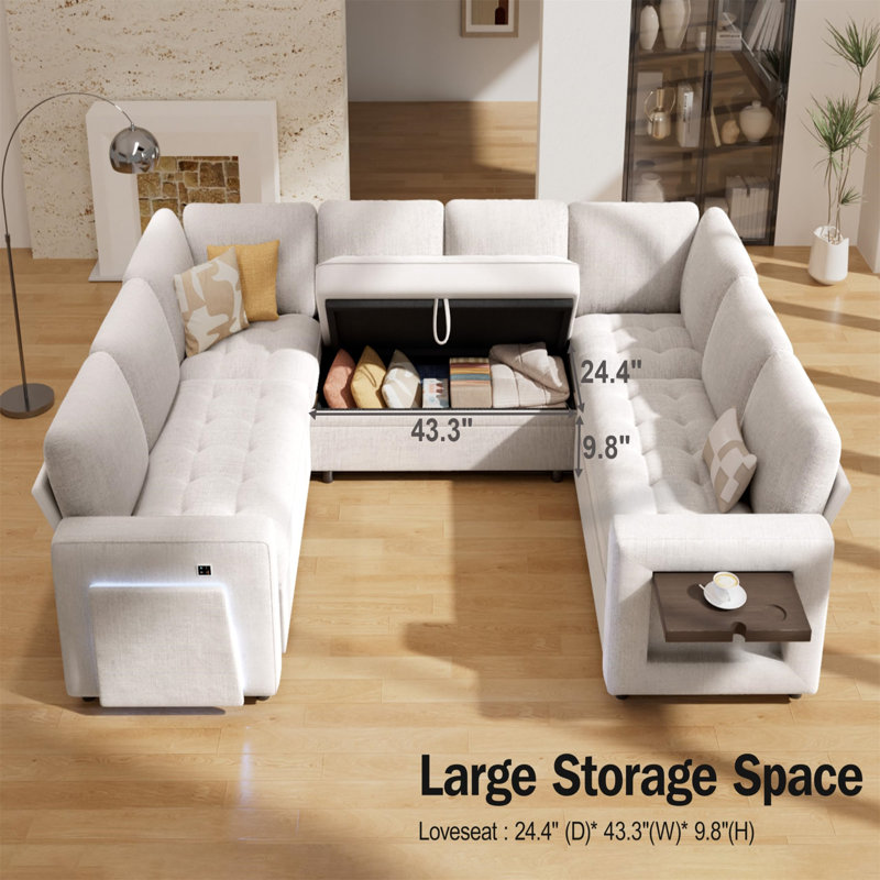 Canapé-lit modulaire en U 8 pièces avec fauteuil inclinable, lit escamotable, ports USB et rangement - Assemblage sans outil