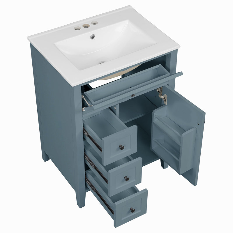 Meuble-lavabo gris 24 po avec lavabo, panneau de fibres à densité moyenne et bois d'hévéa, 3 tiroirs et armoire avec tablettes réglables, conception moderne pour les petites et moyennes salles de bain