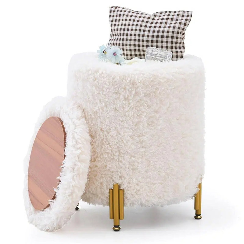 Round Velvet Ottoman with Storage, White