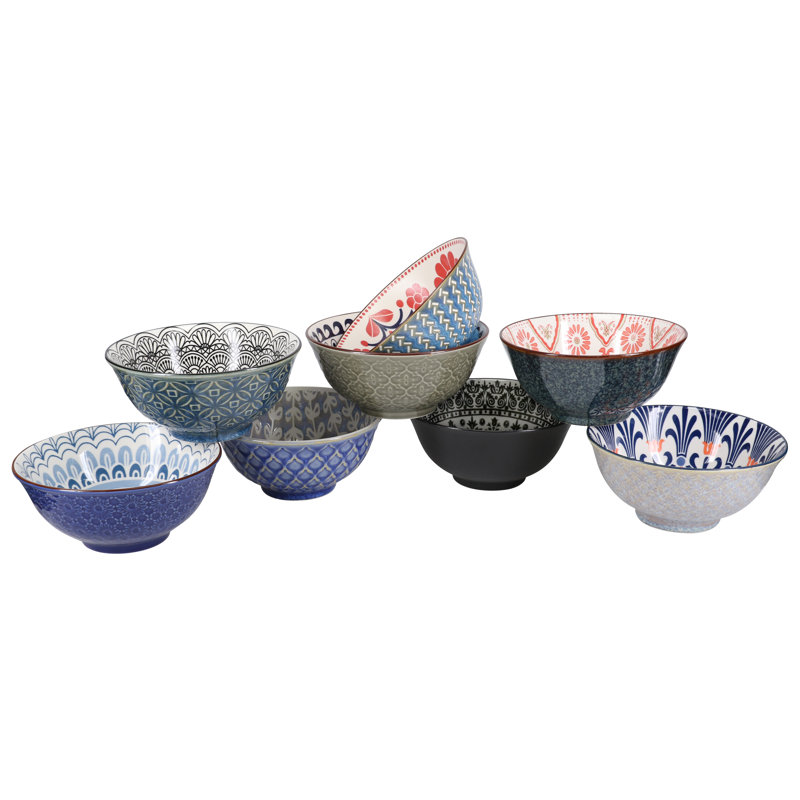 Assorted Multicolor Ceramic 24 oz Bowls Set of 8