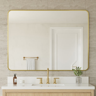 Miroir de salle de bain Hudson, 122 cm (L) x 91 cm (H), cadre en métal, bords arrondis, fini or brossé