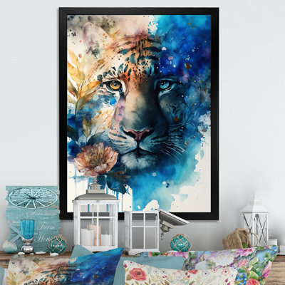 Portrait de tigre avec fleurs II - tigre, reproduction sur toile encadrée