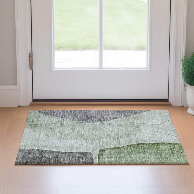 Premium Machine Washable Prisco Green Rug, Rectangle 1'8" x 2'6"