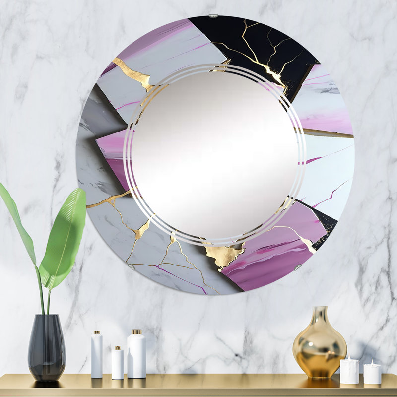 Rainah Abstract Geode Pink II - Miroir mural abstrait en marbre, 32 po x 32 po