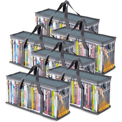 DVD Storage Bags (Set of 6) Media Organizer Bag for DVDs, CDs, Blu Ray Disc, Movie Cases, VHS Box, Video Game Disks, Clear Plastic Holders with Carrying Handles and Zipper - Gray