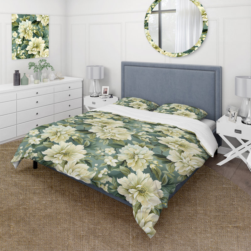 Ensemble de housse de couette beige et vert pivoines damassées Serenity II - Floral