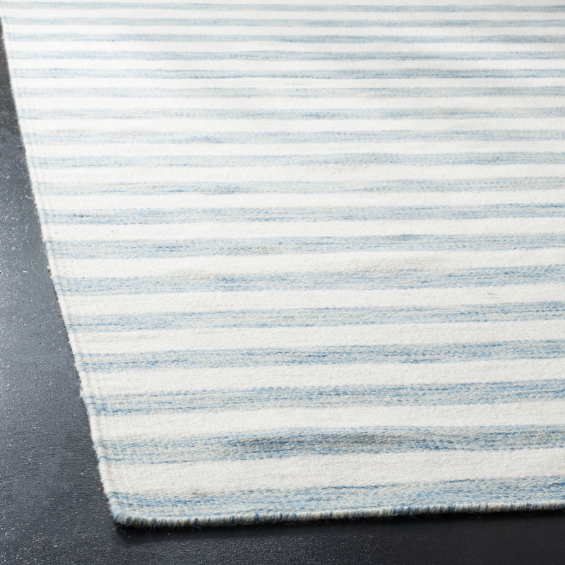 Emek Hand Woven Flat Weave Wool/Cotton Striped Rug in Aqua/Ivory, Rectangle 8' x 10'