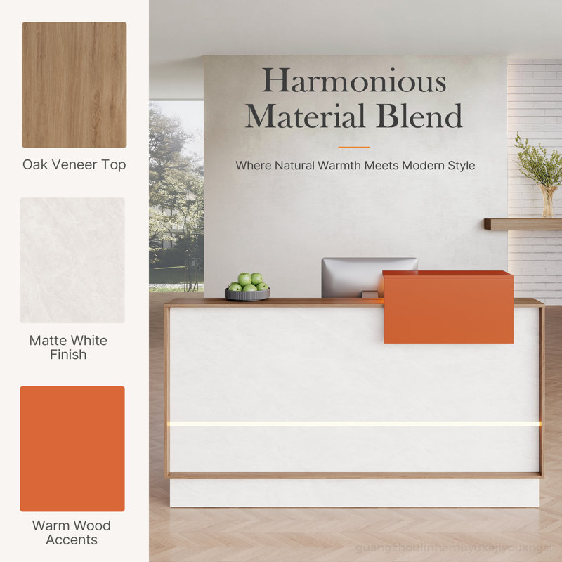 Modern Dual Reception Desk With LED Ambient Lighting - White & Oak Veneer With Warm Wood Accents, 43" H x 66" W x 25" D