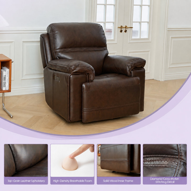Fauteuil inclinable en cuir à double alimentation avec appui-tête réglable sans gravité USB et ports USB-C, Marron foncé