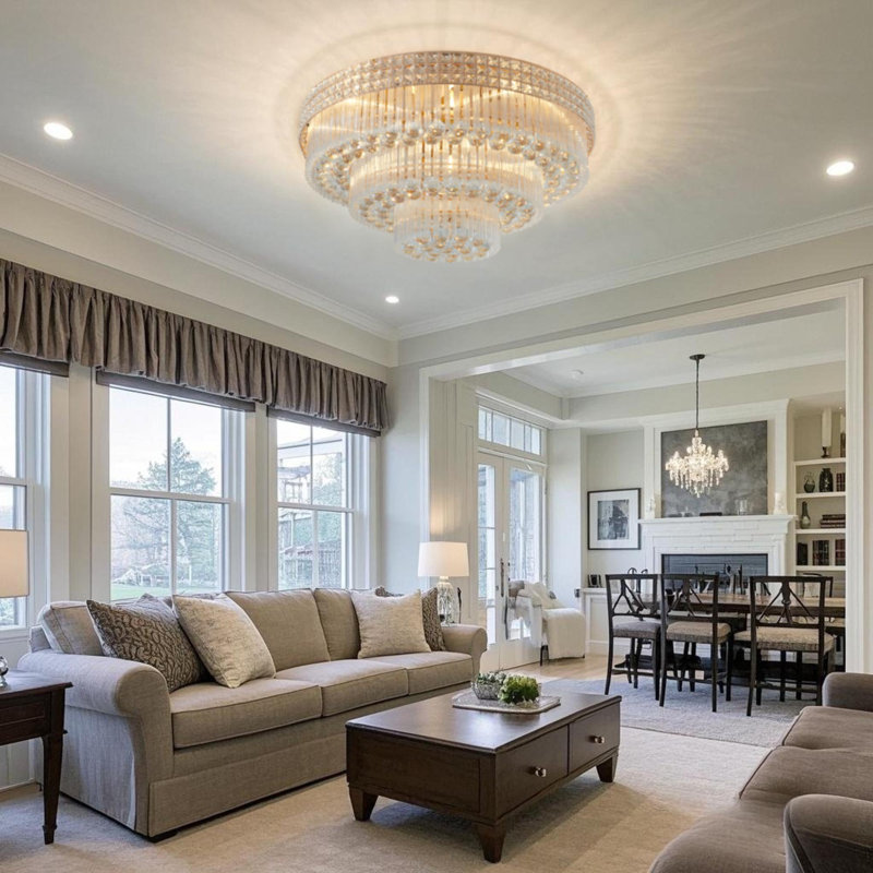 31.5" 3-Tier Crystal Ceiling Light, Golden Metal K9 Crystal Flush Mount Chandelier for Living Room Bedroom Dining Room