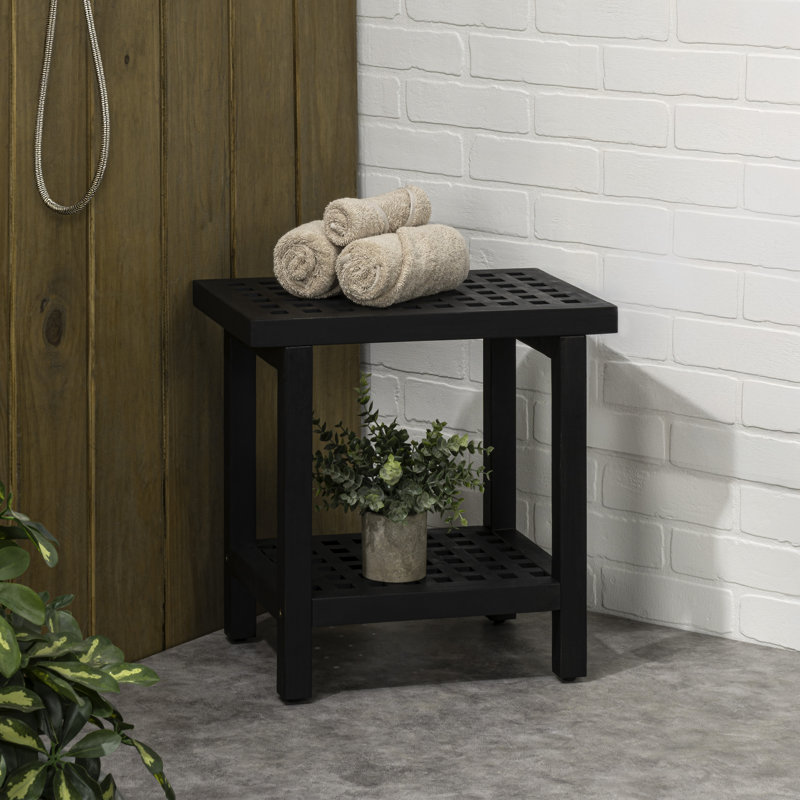 Tabouret de douche en bois d'acacia noir moderne de 18 po avec tablette de rangement et banc de spa à lattes pour salle de bain, douche et entrée Armin