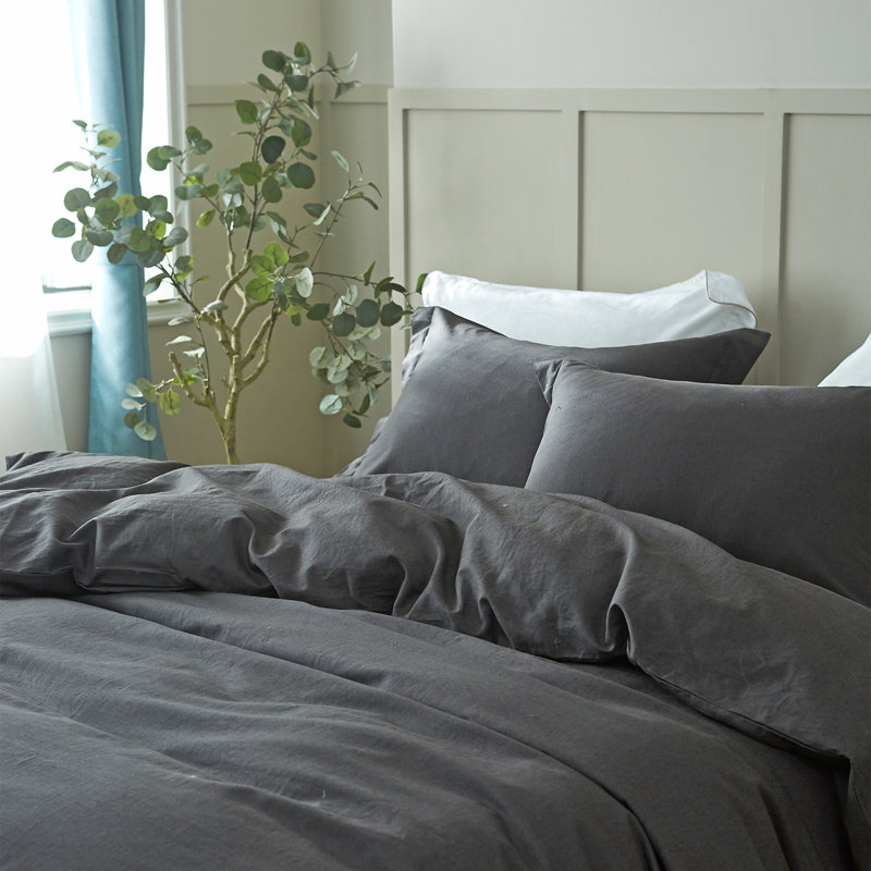 Linen Duvet Cover Set, Full Duvet Cover + 2 Standard Pillowcases, Dark Gray