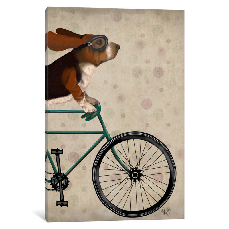 Impression sur toile tendue Fab Funky «Basset Hound on Bicycle», H 12 po x l 8 po x P 0,75 po, Toile tendue, Pas de tapis