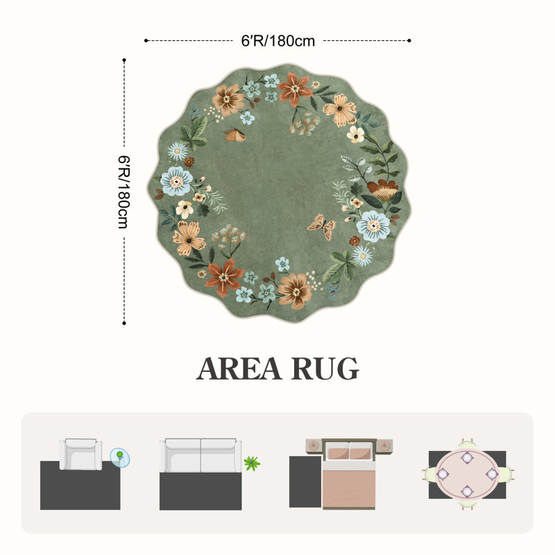 Garbrand Machine Washable Floral Farmhouse Area Rug with Non-Slip Backing for Living Room, Dining Room, Bedroom, Round 6'