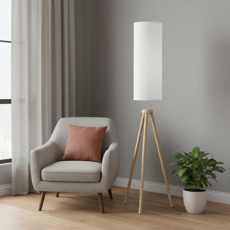 Lampe trépied 58 "à aspect bois naturel avec abat-jour blanc
