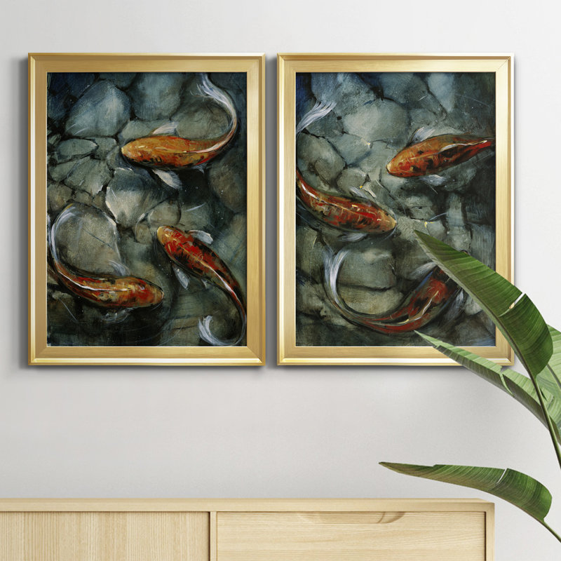 Tres Koi I, reproduction encadrée de qualité supérieure - prête à être accrochée, Or, H 36,5 po x l 53 po x P 1 po