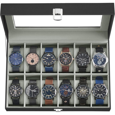 Watch Box, 12-Slot Watch Case, Watch Box Organizer, Black Synthetic Leather, Greenish Gray Lining