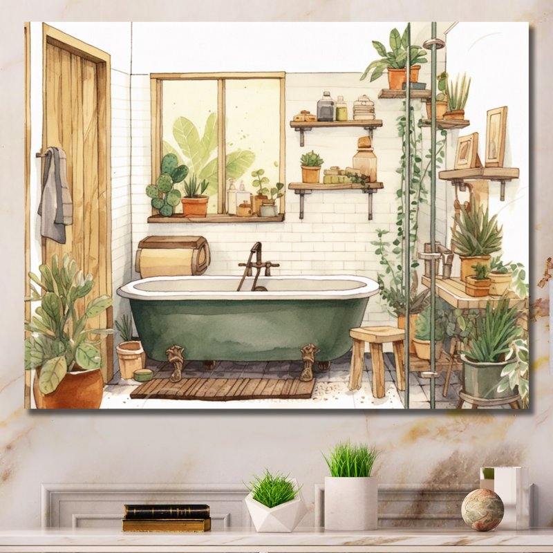 "Natural Bathroom Decor", impression sur toile encadrée, Toile tendue, H 16 po x l 32 po x P 1 po