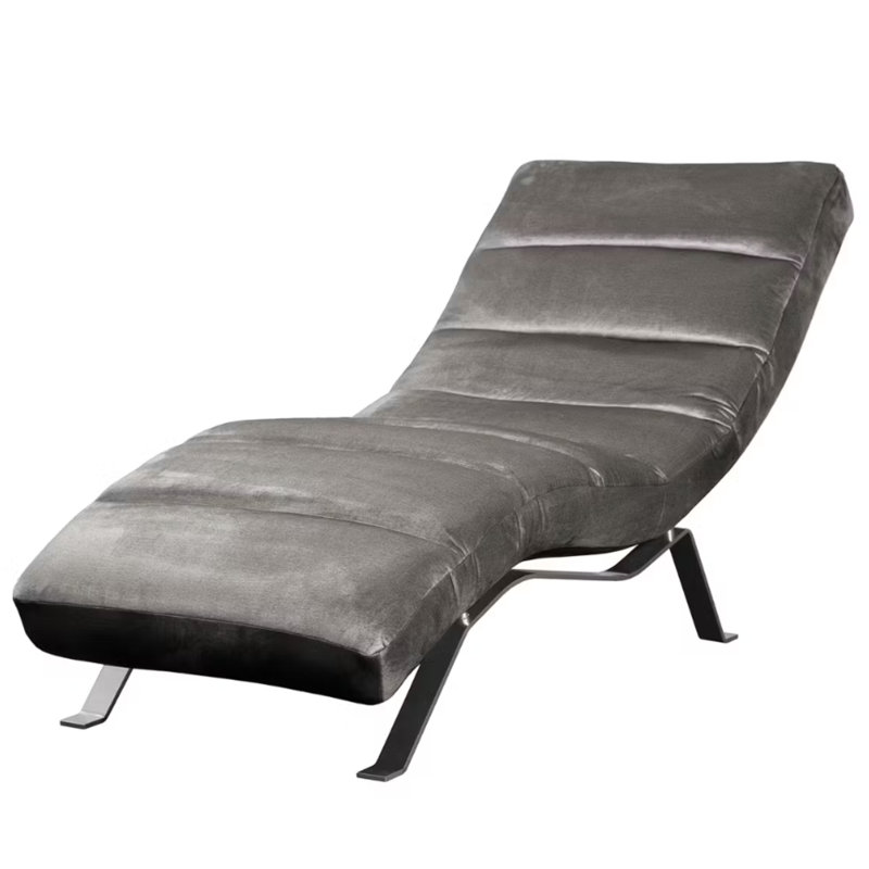Rye Upholstered Velvet Fabric Chaise Lounge with Adjustable Backrest, Grey, Silver