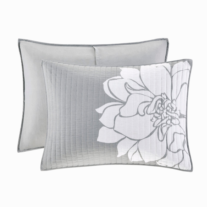 Ensemble de couette réversible imprimé en satin de coton 6 pièces, gris/pêche, taille grand lit/queen