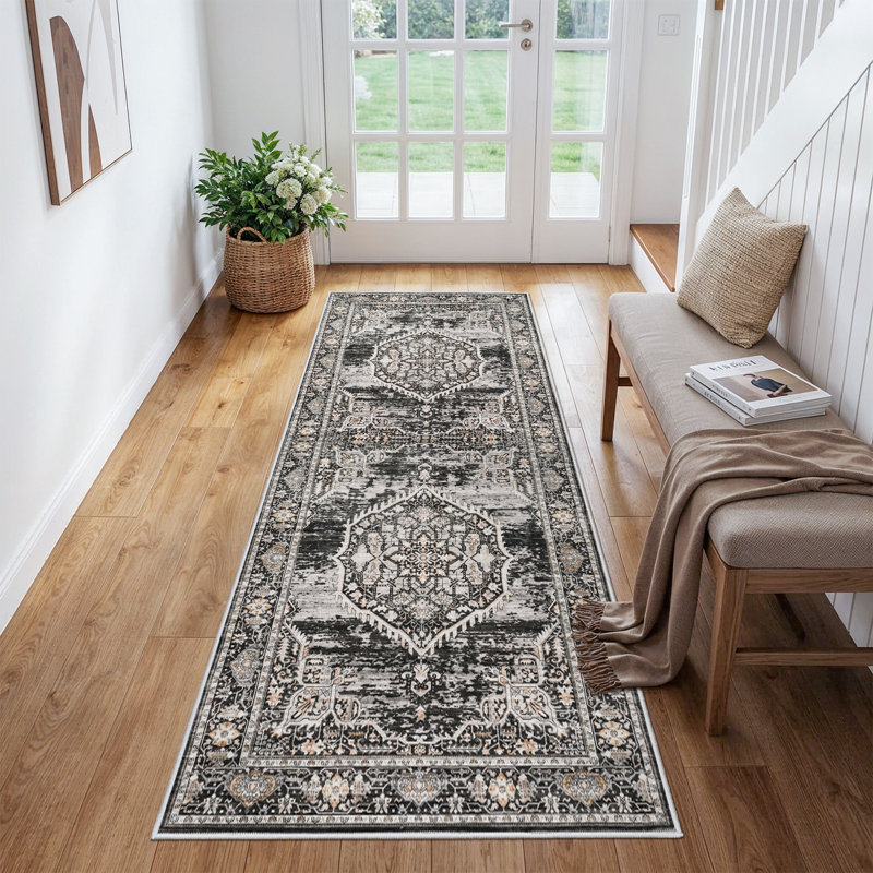 Washable Entryway Rug: Farmhouse Kitchen Hallway Rug Wide Soft Water Resistant Floor Mat for Bathroom Nursery Non Slip Indoor Carpet for Living Room Bedroom Dining Room(Black)