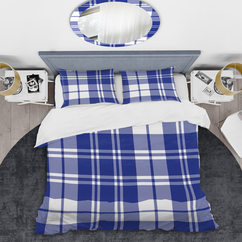 Tartan à carreaux bleu et blanc - Ensemble de housse de couette abstrait - Microfibre de polyester