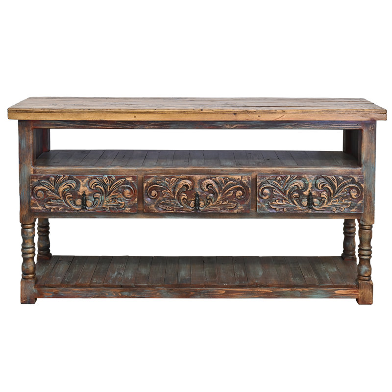 Adobe Bloom Hand-Carved 3-Drawer Rustic Console Table