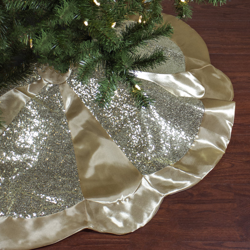 Jupe d'arbre de Noël festonnée à paillettes dorées 48 "avec bordure en satin de coton doré