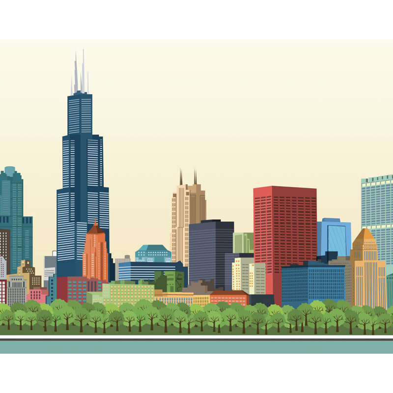 «City Chicago» par Felita Go on, H 18 po x l 24 po, Toile avec cadre flottant, Doré