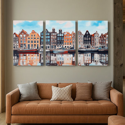 Colourful Amsterdam Canal Houses 3 Piece Canvas Wall Art Set - Cityscape Triptych, 24x36 Each Panel, Gallery Wrapped Ready to Hang - Landscape Series CLXV