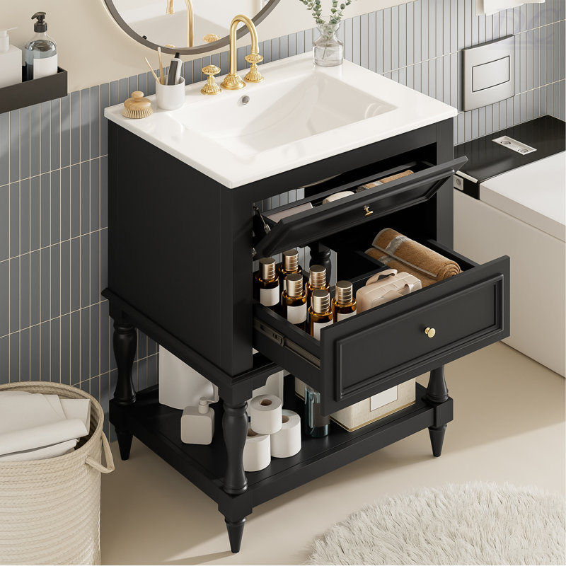Meuble-lavabo de salle de bain 24 po avec lavabo en céramique, Noir