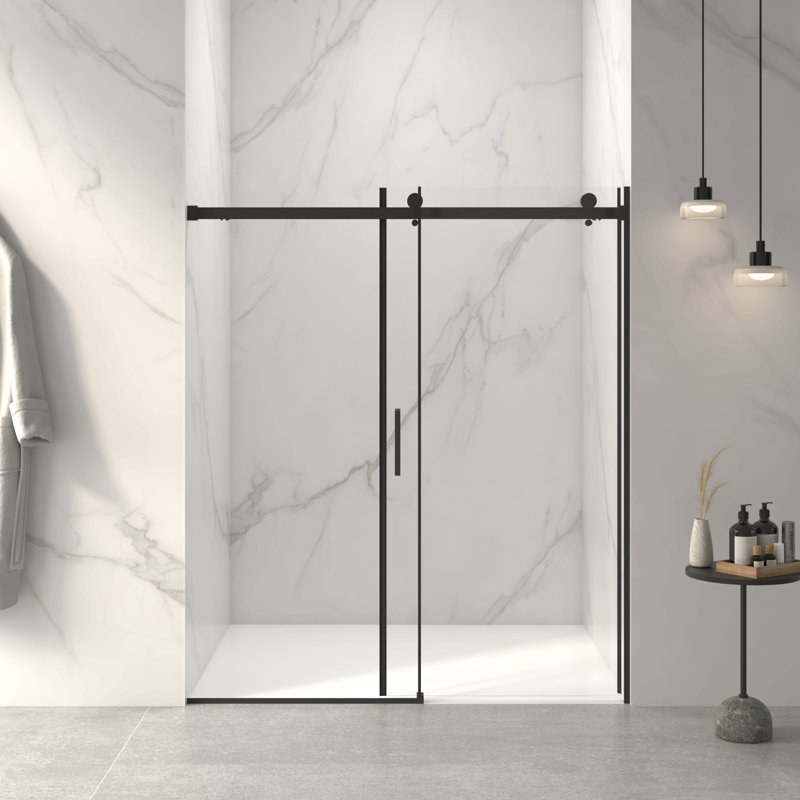 56-60"W X 72"H Frameless Sliding Shower Door,5/16" (8Mm) Thick Sgcc Tempered Clear Glass,Double Side Easy Clean Coat, Matte Black Finished With Buffer