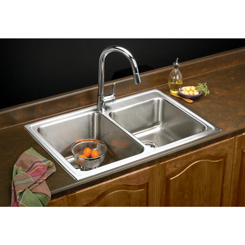 Évier de cuisine à double cuve avec ensemble de drain encastrable L 33 po x l 22 po Lustertone, 0 trou