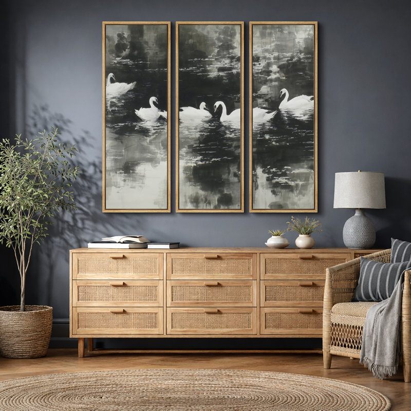 «Serene White Swans Lake», art du salon, impression sur toile encadrée, H 60 po x l 60 po, Cadre flottant naturel