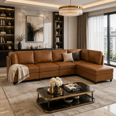 94.5" Caramel Leather Sectional Sofa Couch