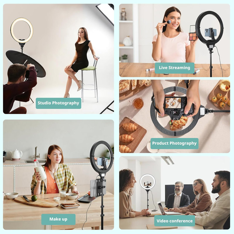 Anneau à DEL de 14 pouces avec trépied de 62 pouces, lumière à auto-réglage de luminosité de 20 W avec support pour téléphone et tablette, télécommande sans fil pour la diffusion en direct, Tiktok, maquillage, enregistrement vidéo