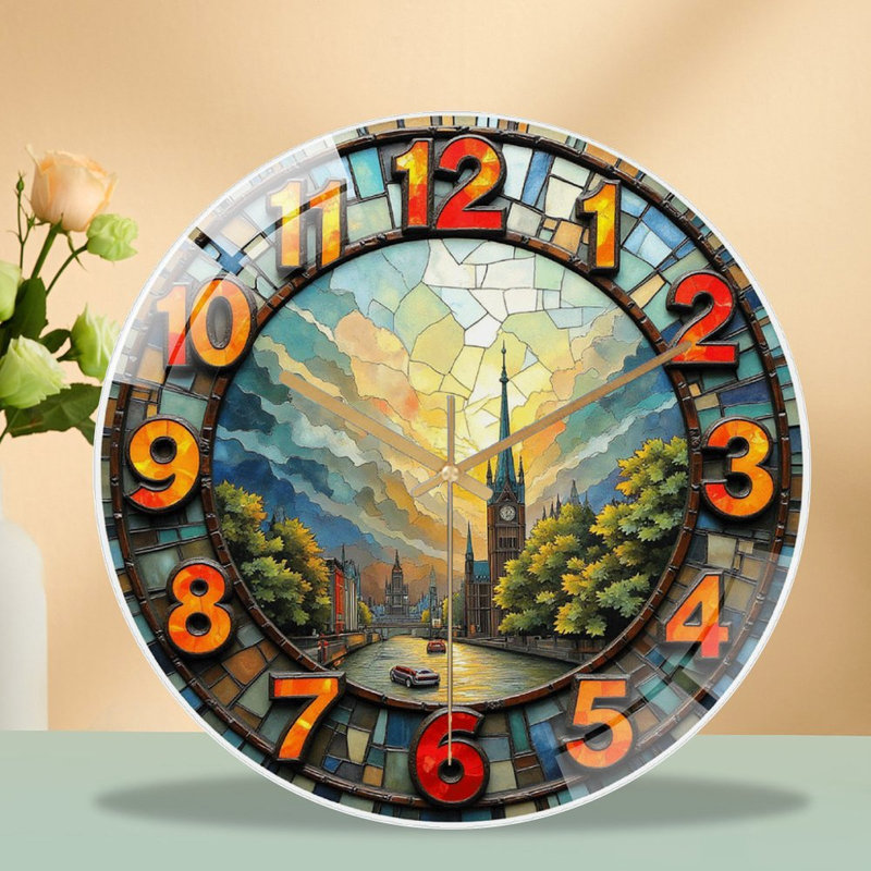 Horloge murale vitrail avec art de paysage urbain 12 po